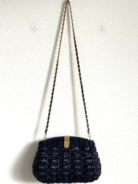 Vintage HEIRESS Navy Woven Wicker Crossbody Bag Mid Century Chic Evening Clutch